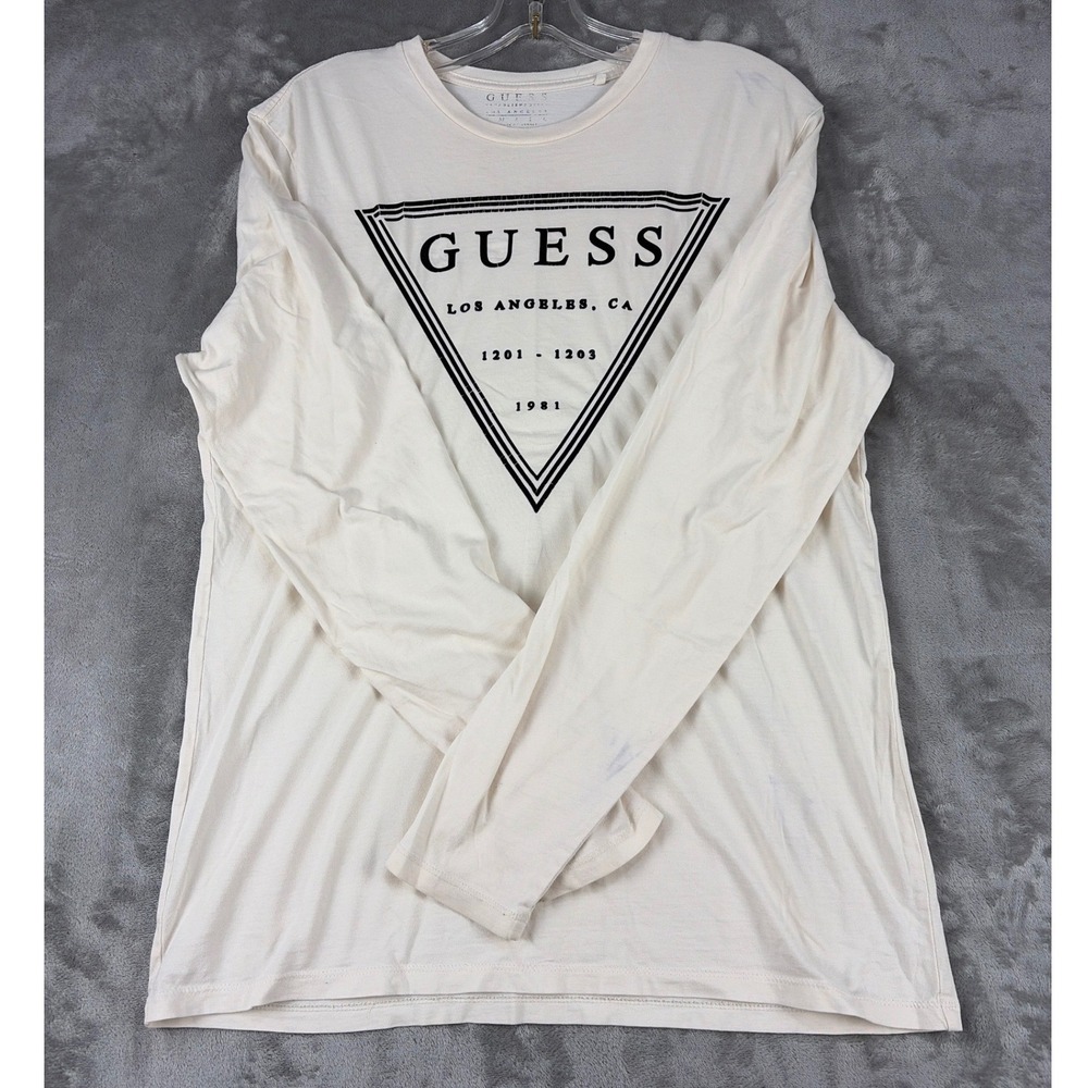 Guess Los Angeles Mens Graphic‎ Long Sleeve T-Shirt Cream Slim Fit Size Large